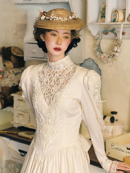 Vintage A line High Neck With Long Sleeves Lace Satin Summer Bridal Gown White Wedding Dresses RB3713