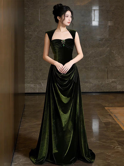 Princess Prom Dresses Sheath Square Neck Sleeveless Olive Green Velvet Evening Long Formal Dress RB3714