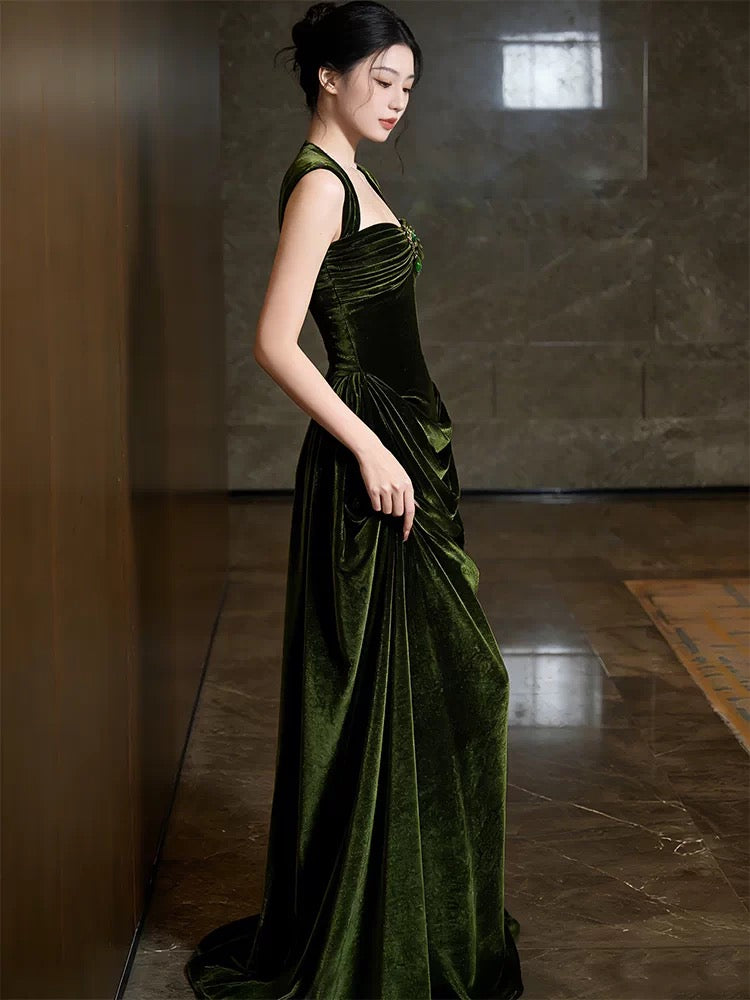 Princess Prom Dresses Sheath Square Neck Sleeveless Olive Green Velvet Evening Long Formal Dress RB3714