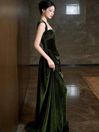 Princess Prom Dresses Sheath Square Neck Sleeveless Olive Green Velvet Evening Long Formal Dress RB3714
