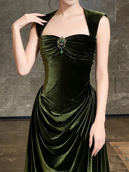 Princess Prom Dresses Sheath Square Neck Sleeveless Olive Green Velvet Evening Long Formal Dress RB3714