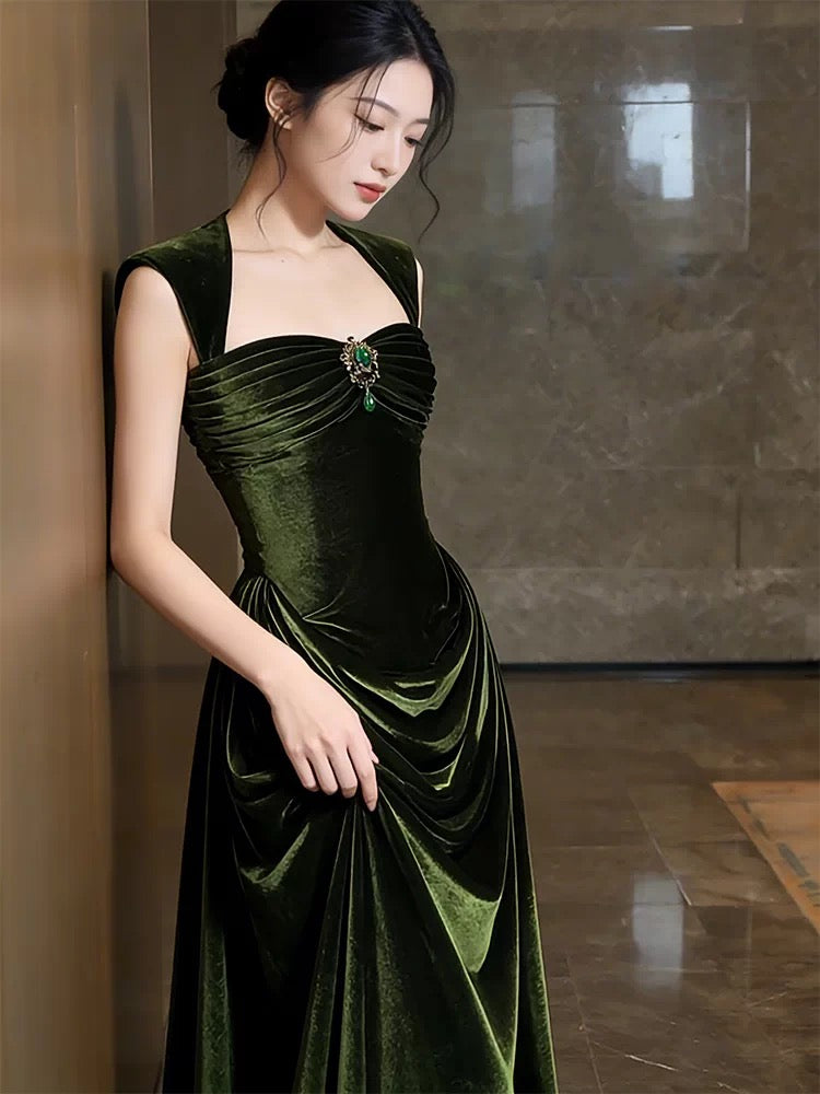 Princess Prom Dresses Sheath Square Neck Sleeveless Olive Green Velvet Evening Long Formal Dress RB3714