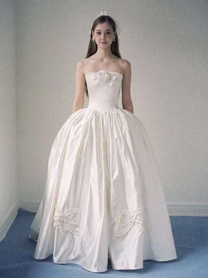 Timeless Ball Gowns Strapless White With Pearls Satin Bridal Gown Garden Wedding Dresses RB3716
