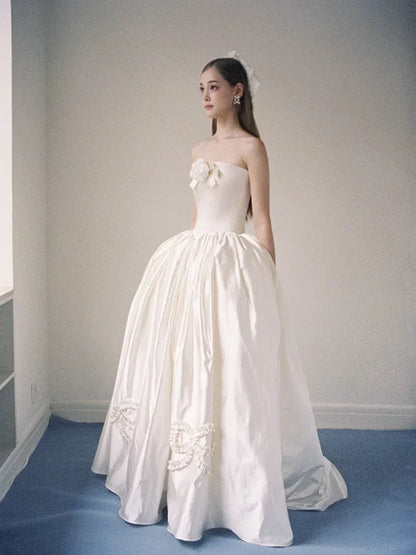 Timeless Ball Gowns Strapless White With Pearls Satin Bridal Gown Garden Wedding Dresses RB3716