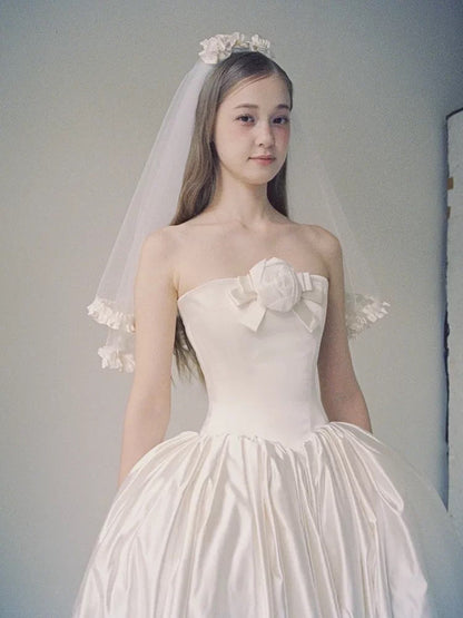 Timeless Ball Gowns Strapless White With Pearls Satin Bridal Gown Garden Wedding Dresses RB3716