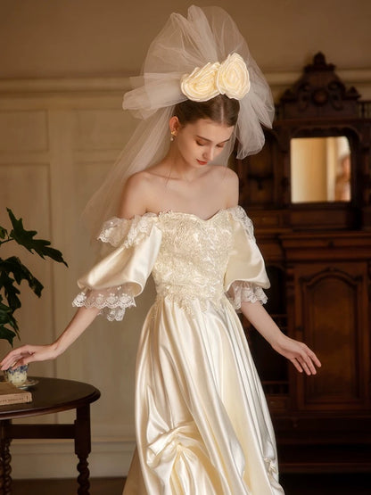 Vintage A line Off The Shoulder With Half Sleeves Lace Summer Bridal Gown Ivory Satin Wedding Dresses RB3718