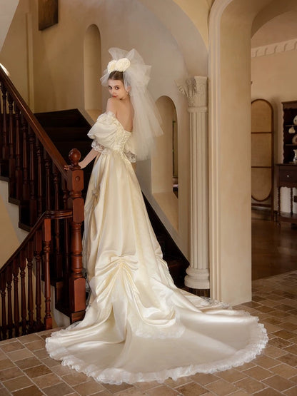Vintage A line Off The Shoulder With Half Sleeves Lace Summer Bridal Gown Ivory Satin Wedding Dresses RB3718