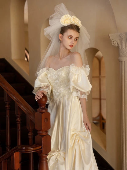 Vintage A line Off The Shoulder With Half Sleeves Lace Summer Bridal Gown Ivory Satin Wedding Dresses RB3718