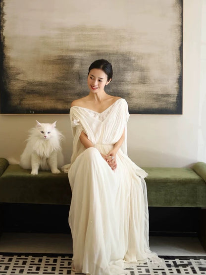 Timeless A Line V Neck Chiffon White With Ruffles Bridal Gown Garden Wedding Dresses RB3718
