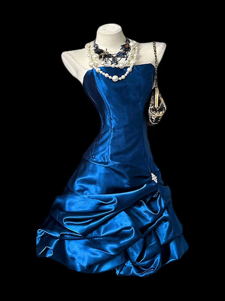 Vintage Etuikleid, trägerlos, königsblau, Satin, kurz, Inspiration für Homecoming-Kleider der 2000er Jahre, N1670