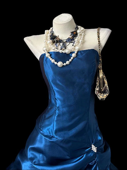 Vintage Etuikleid, trägerlos, königsblau, Satin, kurz, Inspiration für Homecoming-Kleider der 2000er Jahre, N1670