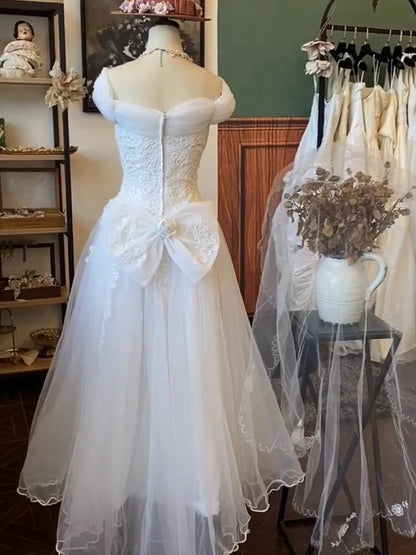 Vintage A line Sweetheart Tulle With Flower Lace Summer Bridal Gown White Wedding Dresses RB3721