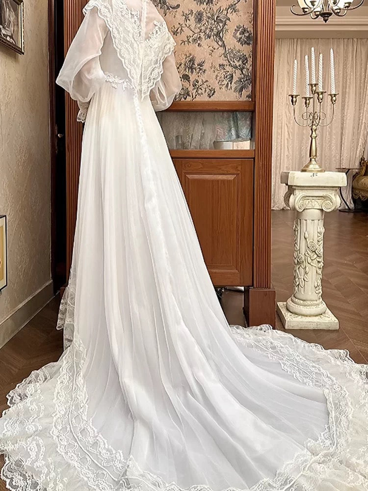 Vintage A line High Neck Chiffon With Long Sleeves Lace Summer Bridal Gown White Wedding Dresses RB3722