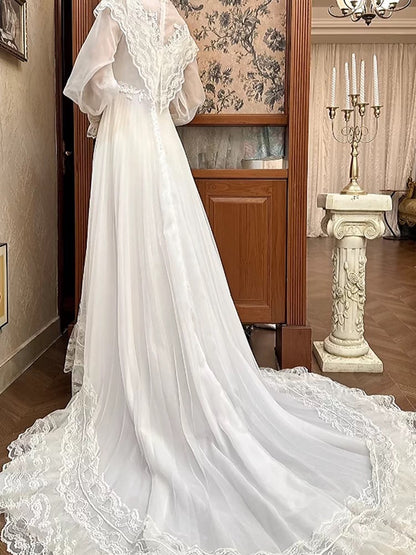 Vintage A line High Neck Chiffon With Long Sleeves Lace Summer Bridal Gown White Wedding Dresses RB3722