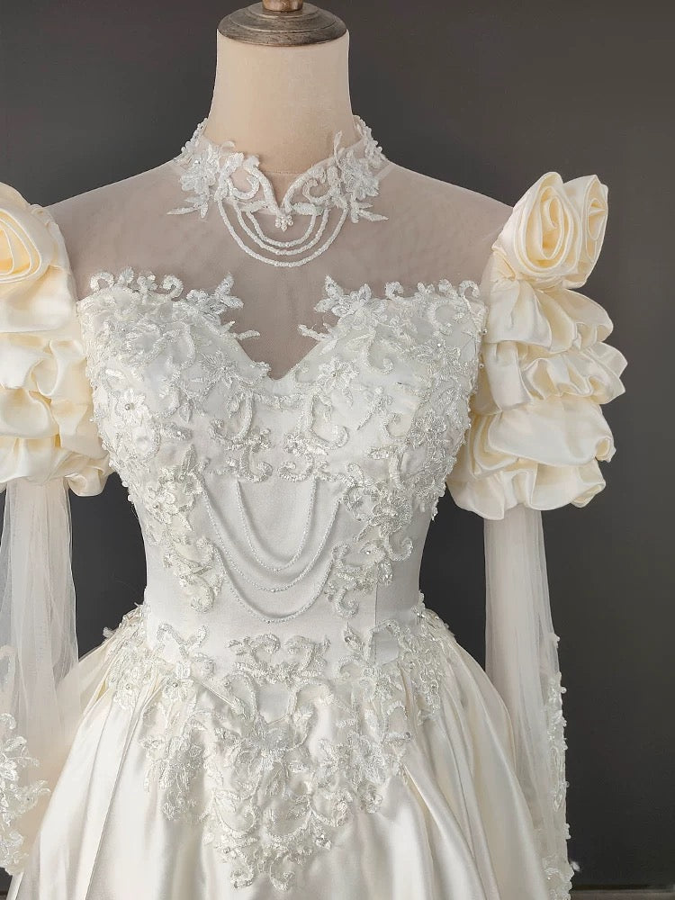 Vintage A line High Neck With Long Sleeves Ruffled Flowers Summer Bridal Gown Ivory Satin Wedding Dresses RB3723