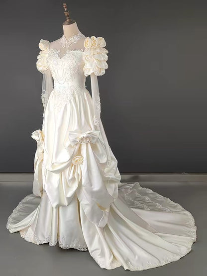 Vintage A line High Neck With Long Sleeves Ruffled Flowers Summer Bridal Gown Ivory Satin Wedding Dresses RB3723