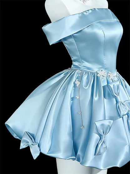 Robe de soirée courte en satin bleu, coupe bal, épaules dénudées, robes de cocktail de retour à la maison N4160