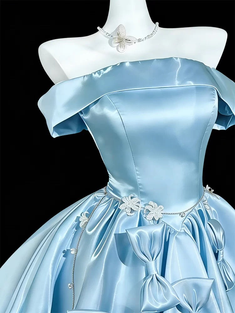 Robe de soirée courte en satin bleu, coupe bal, épaules dénudées, robes de cocktail de retour à la maison N4160