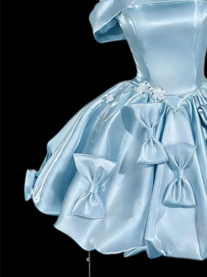 Robe de soirée courte en satin bleu, coupe bal, épaules dénudées, robes de cocktail de retour à la maison N4160