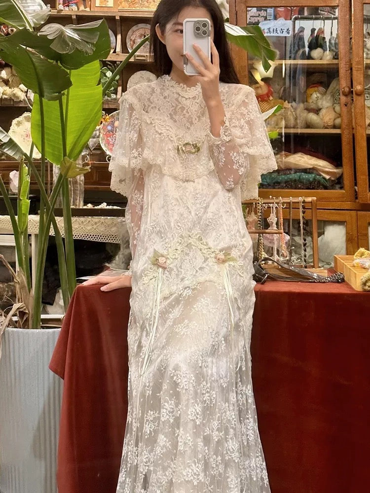 French Style Wedding Dresses A line High Neck White Lace Long Sleeves Summer Garden Wedding Dress N4161