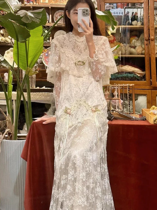 French Style Wedding Dresses A line High Neck White Lace Long Sleeves Summer Garden Wedding Dress N4161