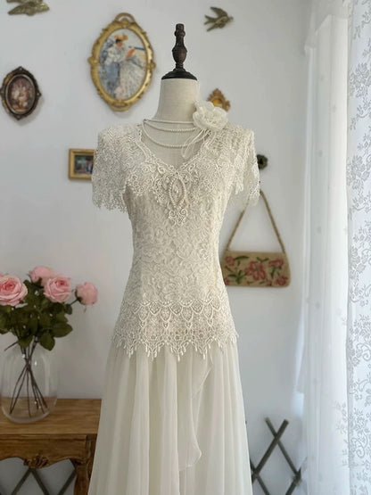 Vintage Wedding Dresses A line V Neck White Lace Short Sleeves Summer Garden Wedding Dress N4162