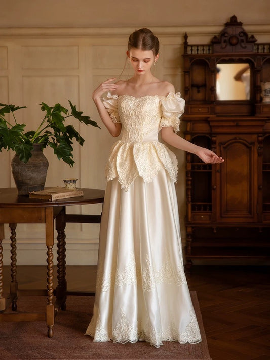 Vintage Wedding Dresses A line Off The Shoulder Satin Short Sleeves Summer Garden Wedding Dress N4163