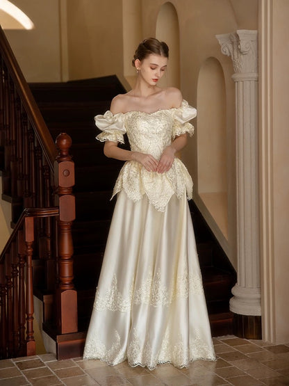 Vintage Wedding Dresses A line Off The Shoulder Satin Short Sleeves Summer Garden Wedding Dress N4163