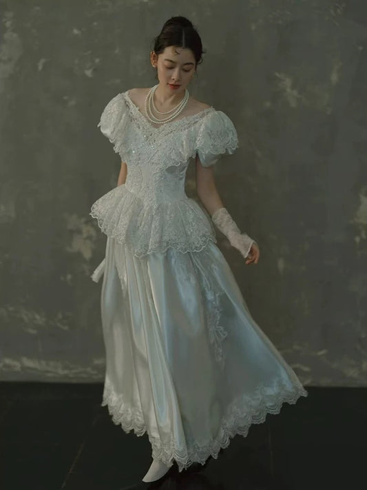 French Style Wedding Dresses A line Off The Shoulder Satin Short Sleeves Summer Garden Wedding Dress N4164