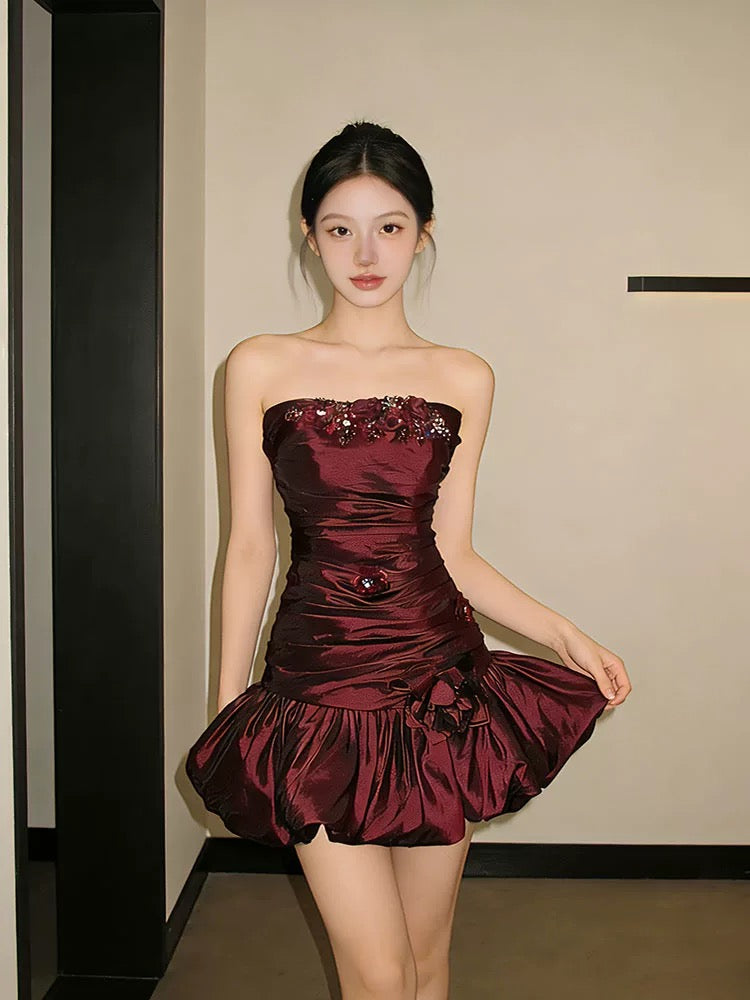 Cute Sheath Strapless Burgundy Satin Short Mini Party Dress Cocktail Homecoming Dresses N4165
