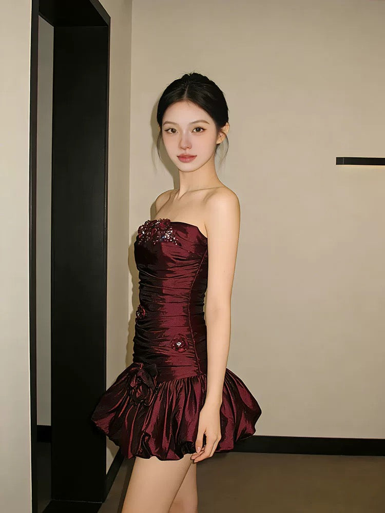 Cute Sheath Strapless Burgundy Satin Short Mini Party Dress Cocktail Homecoming Dresses N4165