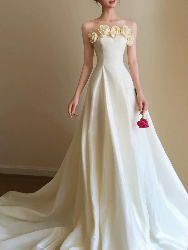 French Style Wedding Dresses A line Strapless With Flowers Summer Garden Wedding Dress N4168