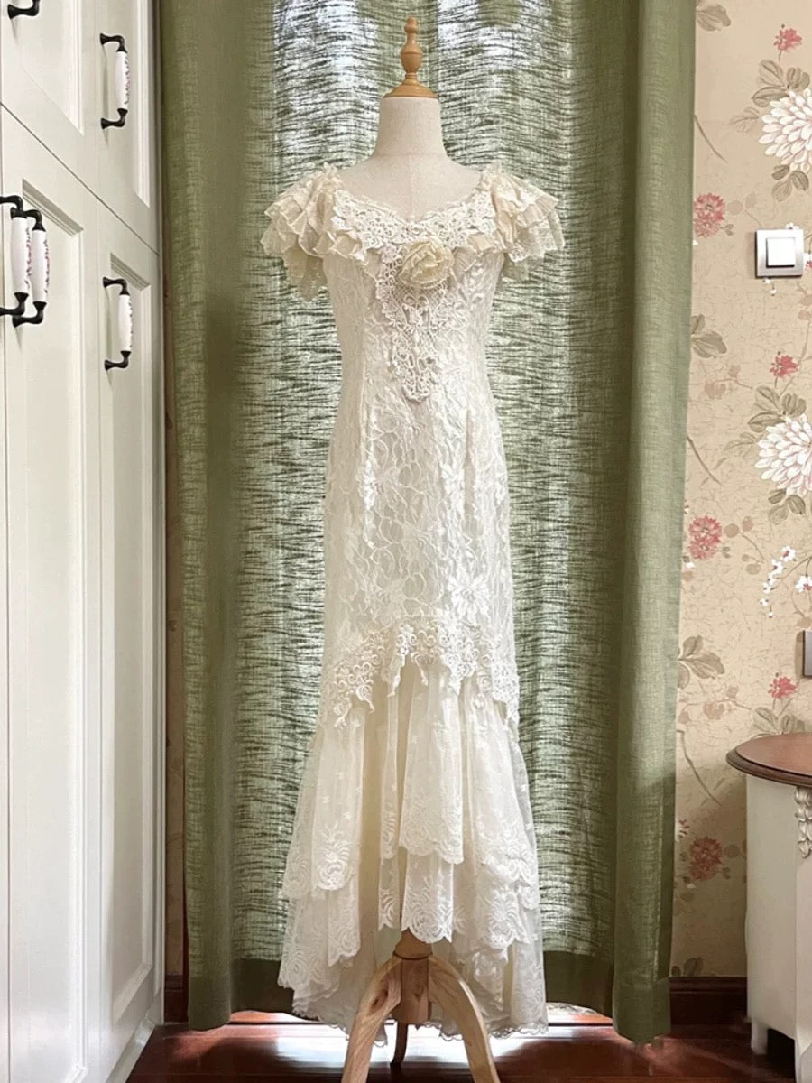 French Style Wedding Dresses Mermaid V Neck Lace Short Sleeves Summer Garden Wedding Dress N4166