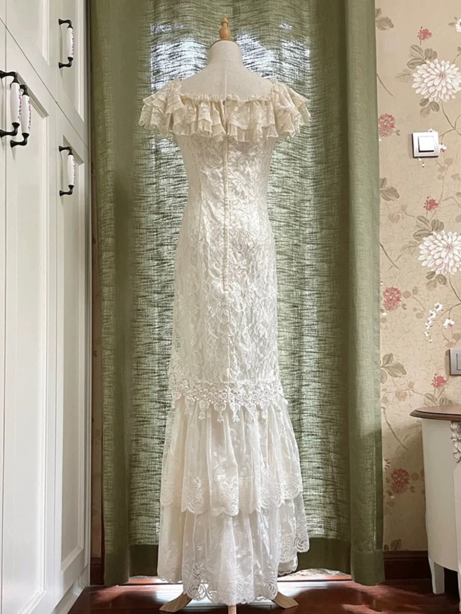 French Style Wedding Dresses Mermaid V Neck Lace Short Sleeves Summer Garden Wedding Dress N4166