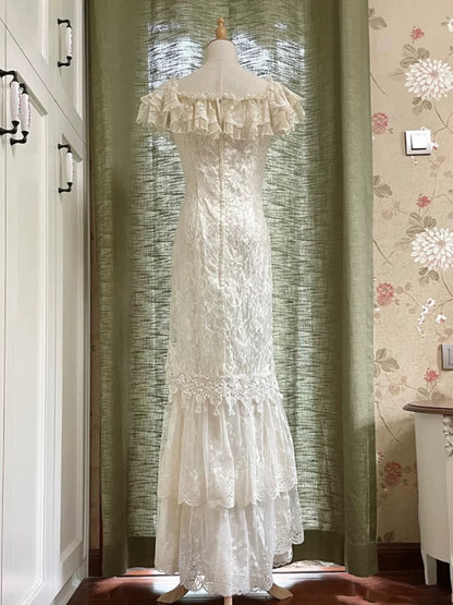 French Style Wedding Dresses Mermaid V Neck Lace Short Sleeves Summer Garden Wedding Dress N4166