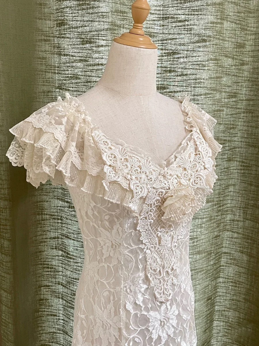 French Style Wedding Dresses Mermaid V Neck Lace Short Sleeves Summer Garden Wedding Dress N4166