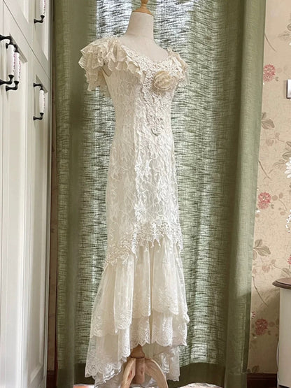 French Style Wedding Dresses Mermaid V Neck Lace Short Sleeves Summer Garden Wedding Dress N4166