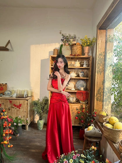Modeste Robe de Bal Longue Sirène en Satin Rouge sans Bretelles Élégante pour 18ème Anniversaire N4167
