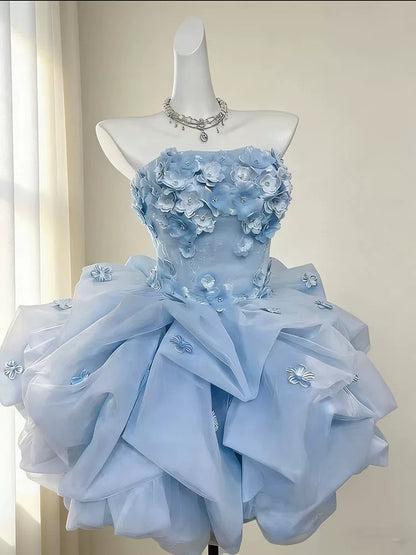Jolie robe de bal bustier bleue avec fleurs, robe de soirée courte et mini, robes de cocktail et de retour (N4169)
