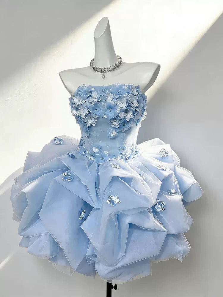Jolie robe de bal bustier bleue avec fleurs, robe de soirée courte et mini, robes de cocktail et de retour (N4169)