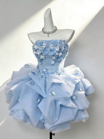 Jolie robe de bal bustier bleue avec fleurs, robe de soirée courte et mini, robes de cocktail et de retour (N4169)