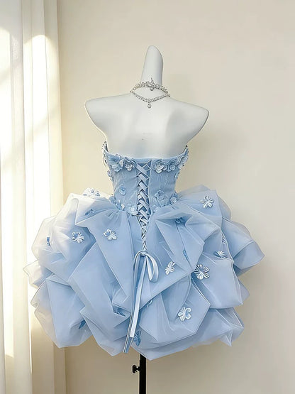 Jolie robe de bal bustier bleue avec fleurs, robe de soirée courte et mini, robes de cocktail et de retour (N4169)