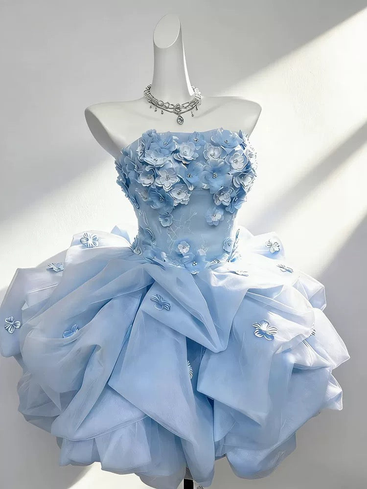 Jolie robe de bal bustier bleue avec fleurs, robe de soirée courte et mini, robes de cocktail et de retour (N4169)