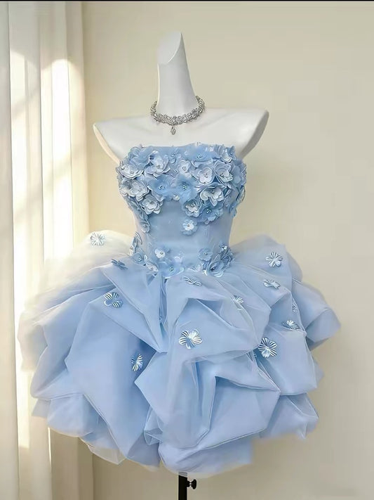 Pretty Ball Gown Strapless Blue With Flowers Short Mini Party Dress Cocktail Homecoming Dresses N4169