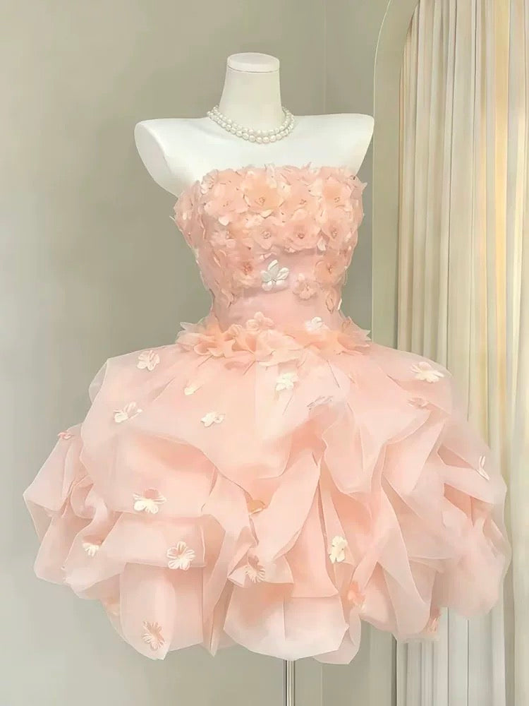 Jolie robe de bal bustier bleue avec fleurs, robe de soirée courte et mini, robes de cocktail et de retour (N4169)