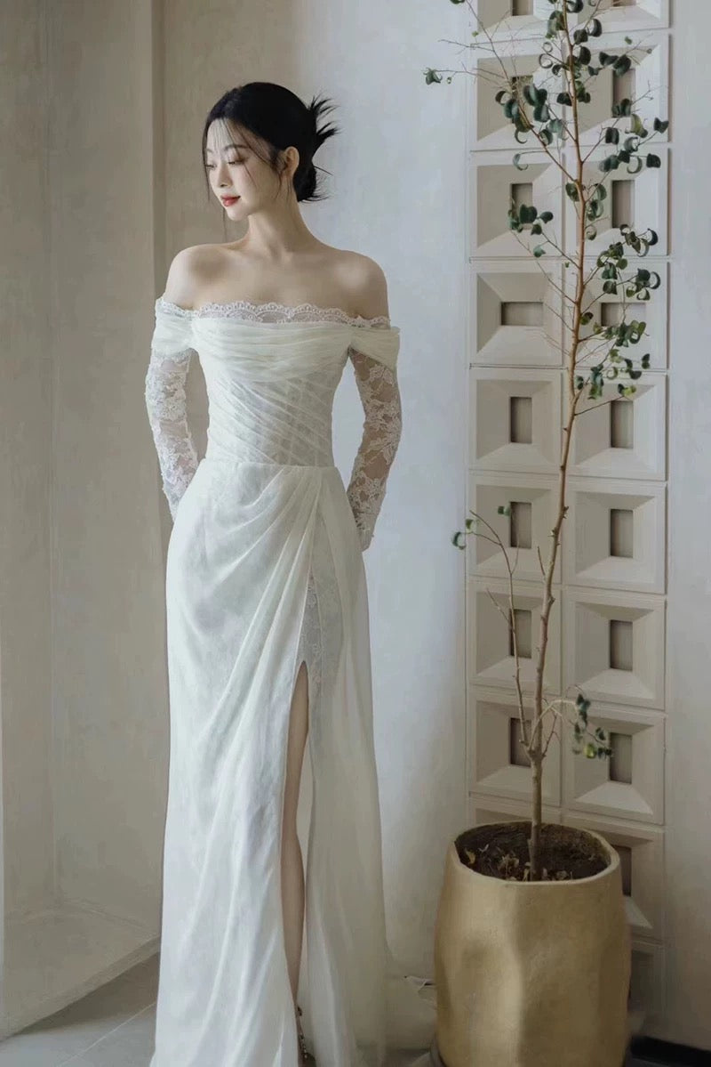 French Style Wedding Dresses Mermaid Off The Shoulder Lace With Pleated Summer Garden Wedding Dress N4171
