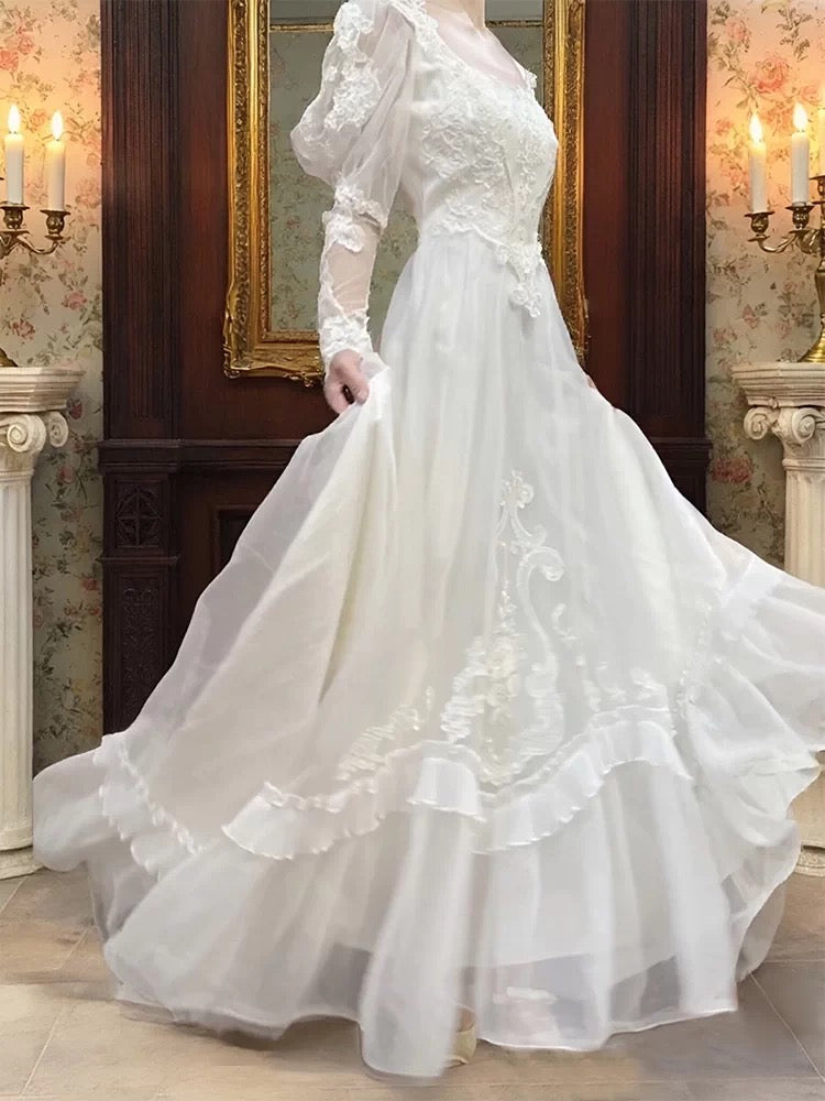 French Style Wedding Dresses A line Square Neck Lace With Sleeves Summer Garden Wedding Dress N4173