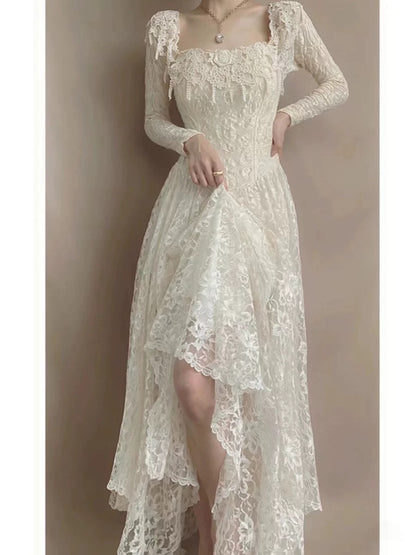 French Style Wedding Dresses A line Square Neck Lace With Sleeves Summer Boho Wedding Dress N4175