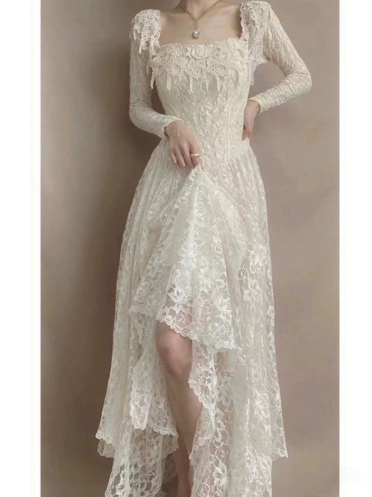 French Style Wedding Dresses A line Square Neck Lace With Sleeves Summer Boho Wedding Dress N4175