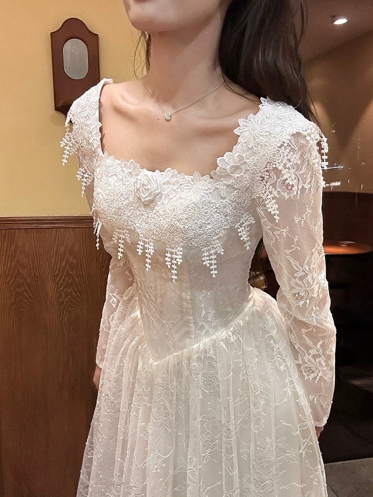 French Style Wedding Dresses A line Square Neck Lace With Sleeves Summer Boho Wedding Dress N4175